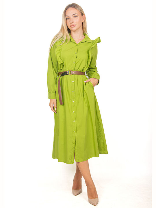 Limettengrünes Rüschen-Hemdkleid mit Gürtel