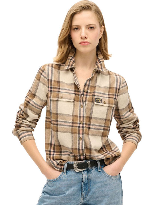 Lumberjack Flannel Μακρυμάνικο Γυναικείο Πουκάμισο Beige, Cream Καρό