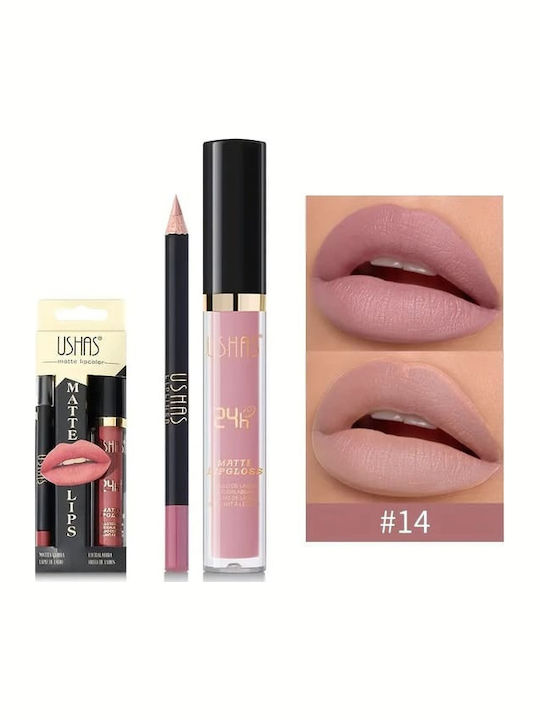 Set Ruj Lichid Mat & Creion de Buze Ushas Nr.14