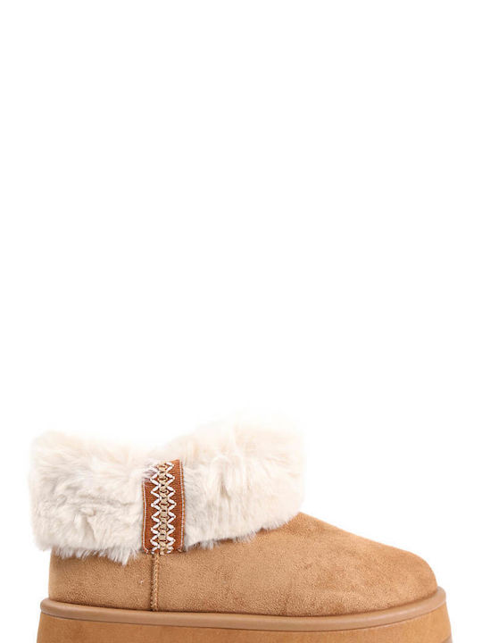 Tan Fur Ankle Boots with Boho Elements