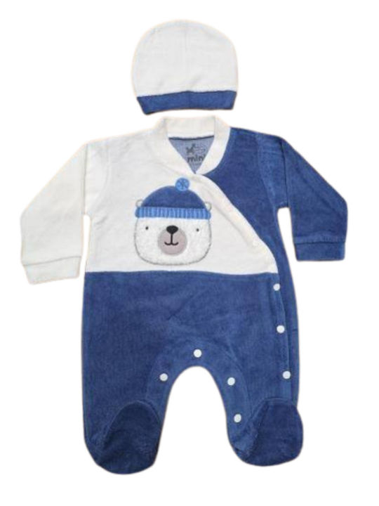 Evita Baby Bodysuit Set Long-Sleeved Velvet with Hat Ecru-blue