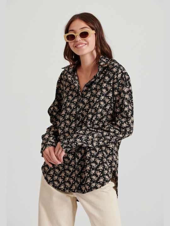 Funky Buddha Women's Floral Long Sleeve Shirt Black