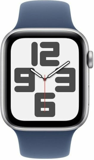 Apple Watch SE 2024 Aluminum 44mm Waterproof with Heart Rate Monitor (Silver with Denim Sport Band - M/L)