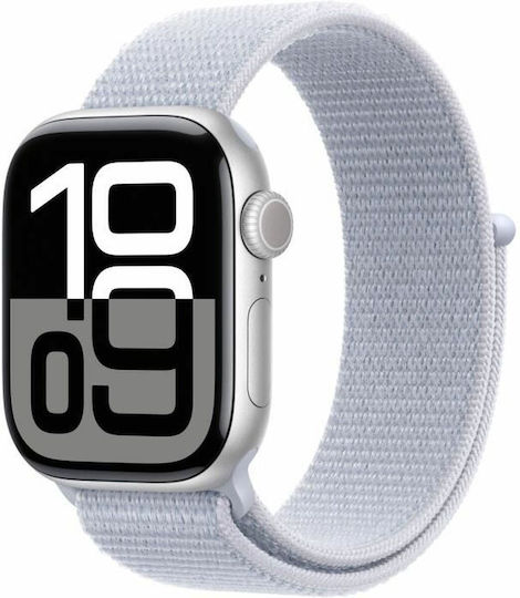 Apple Watch Series 10 Aluminium 42mm Waterproof with Heart Rate Monitor (Silver with Blue Cloud Sport Loop)