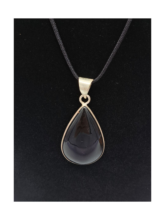 Silver-Plated Obsidian Teardrop Cabochon Necklace