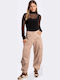 Women's High-waisted Fabric Cargo Trousers with Elastic Sand