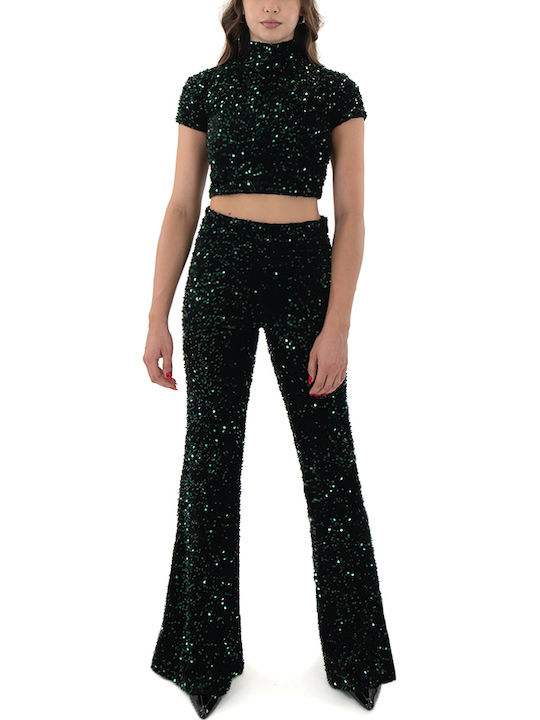 Moutaki Women's Fabric Palazzo Pants with Elastic Wide Green (Forest Green)