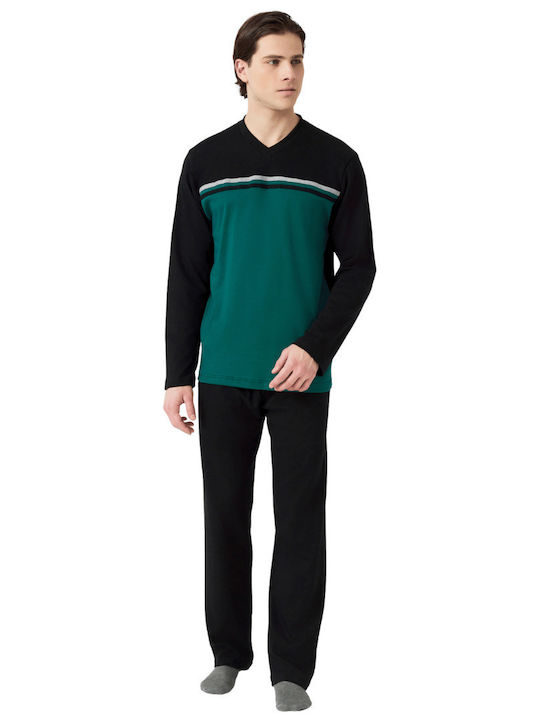 Minerva Bull Punto Di Roma Men's Winter Pajamas Set BLACK-GREEN