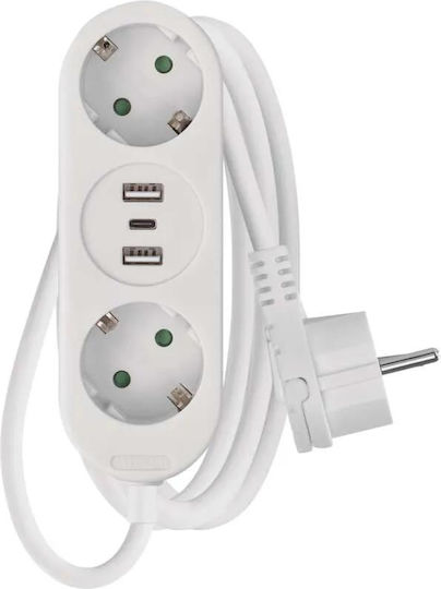 Emos Bandă de alimentare 2 Prize cu 2 USB-A, 1 USB-C, Comutator și Cablu 1.5m