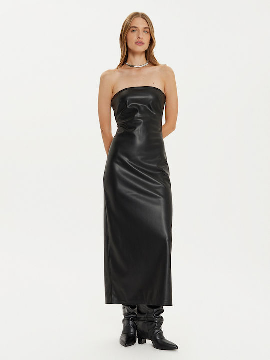 Rochie Midi De Seară Fără Bretele Din Piele Neagră