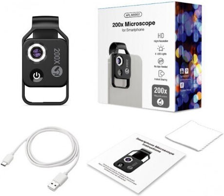 Lentilă microscop 200x cu lumină LED marca Apexel compatibilă cu iPhone 13, iPhone 12, iPhone 11, X, 8, 7, 6, 5, Samsung, Huawei, Xiaomi, Oppo, Nokia