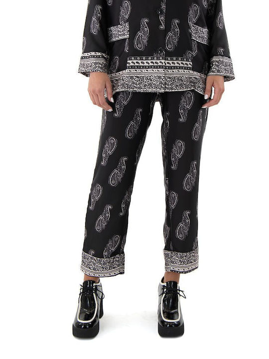 Women's Fabric Trousers with Elastic Straight Line Ecru-black