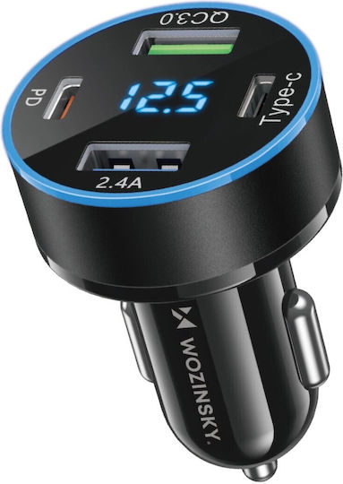 Wozinsky Auto-Ladegerät 50W 5A mit Anschlüssen: 1xUSB 2xType-C Schwarz Farbe