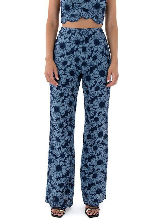 Studio 83 Women's High Waist Fabric Palazzo Pants Wide Floral Blue-Silver