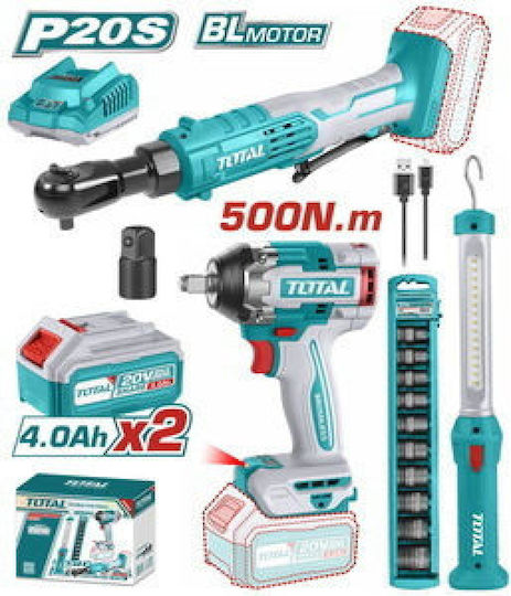 Total TOSLI240461E Set Ratchet & Workshop Lamp & Impact Driver Brushless 20V with 2 Batteries 4Ah