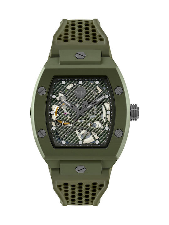 Philipp Plein Skeleton Ανδρικό Ρολόι 44mm Μπαταρίας με Πράσινο Καουτσούκ Λουράκι