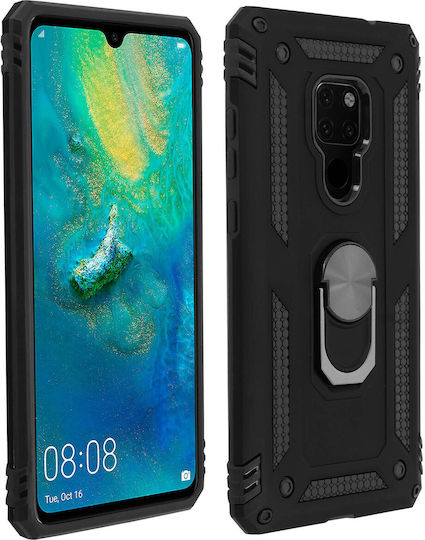 Калъф за Huawei Mate 20, двоен материал, твърд и мек, с магнитен пръстен и стойка, черен