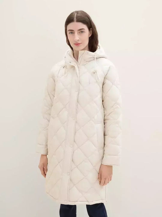 Women's Short Puffer Jacket for Winter with Hood Beige