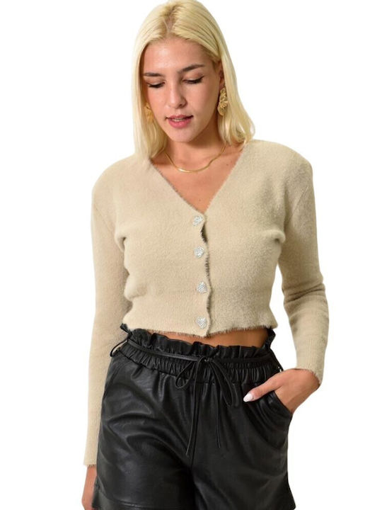 Kurze Gestrickte Damen Strickjacke mit Knöpfen Beige