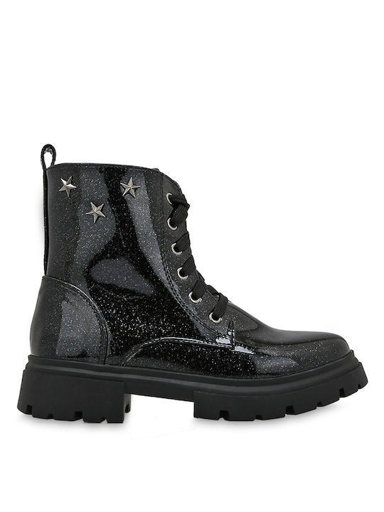 Exe Kids PU Leather Military Boots with Zipper Black