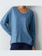 Women's Blouse Cotton Long Sleeve with V Neckline Blue