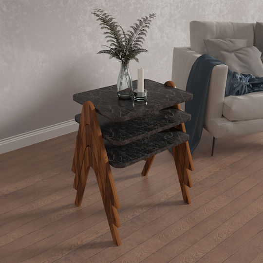 Правоъгълена Помощна маса Reacher Дървена Walnut-Black Marble 3бр Ш40xД30xВ40см.