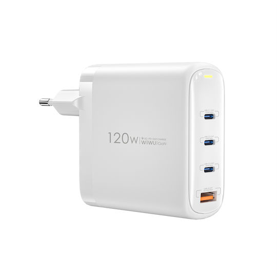 Wiwu Φορτιστής Χωρίς Καλώδιο GaN με Θύρα USB-A και 3 Θύρες USB-C 120W Λευκός (Wi-U020)