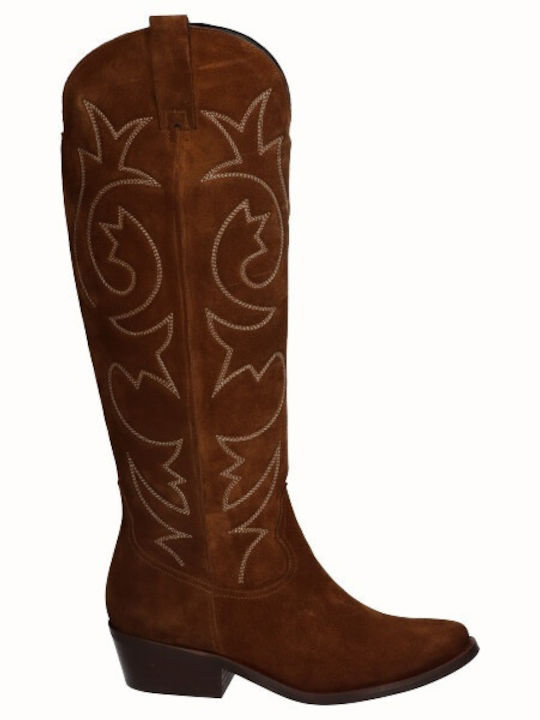 Leather Cowboy Boots with Zipper Brown
