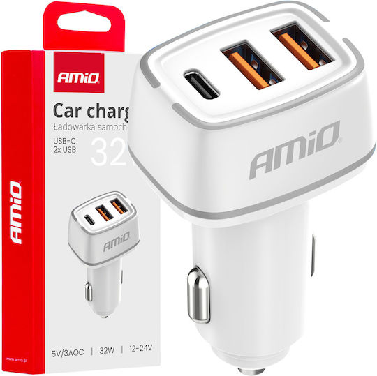 AMiO Încărcător Auto 32W Încărcare Rapidă cu Porturi: 2xUSB 1xType-C Alb Culoare