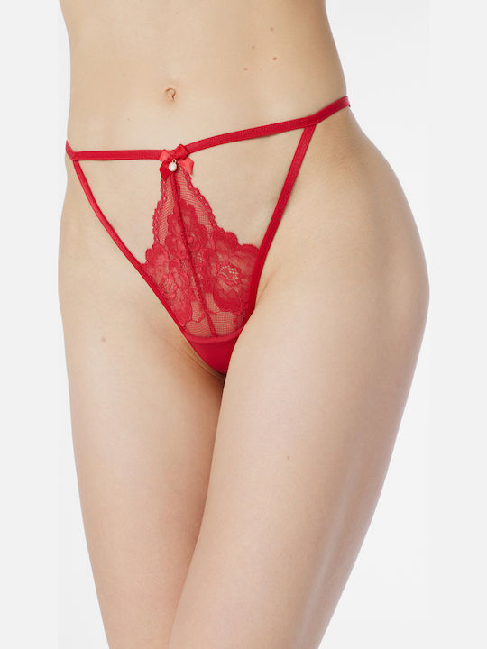 Minerva Serena Γυναικείο String με Δαντέλα Κόκκινο