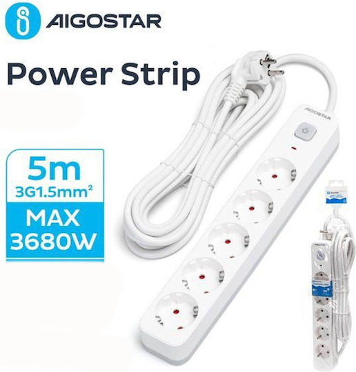 Aigostar Steckdosenleiste mit Überspannungsschutz 5 Positionen mit Schalter und Kabel 5m