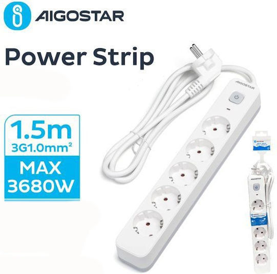 Aigostar Steckdosenleiste mit Überspannungsschutz 5 Positionen mit Schalter und Kabel 1.5m