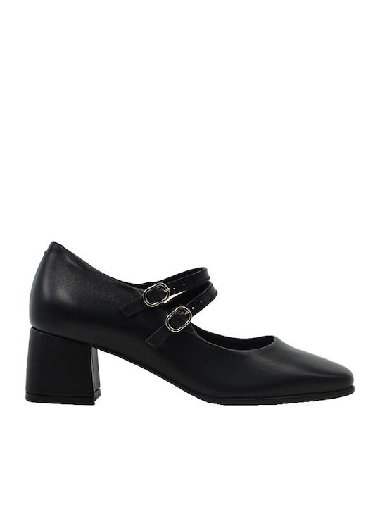 Leder Pumps mit Riemchen & mittelhoher Absatz Schwarz