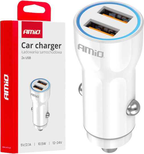 AMiO Φορτιστής Αυτοκινήτου 10.5W με Θύρες: 2xUSB μαζί με Καλώδιο Ενσωματωμένο Λευκός