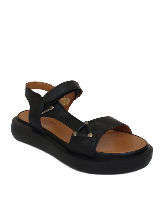 Δερμάτινα Γυναικεία Ανατομικά Σανδάλια Flatforms Μαύρα