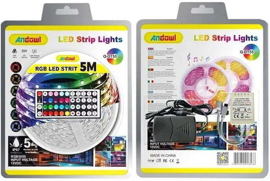 Andowl Αδιάβροχη Ταινία LED 12V RGB Φως 5m με Τροφοδοτικό & Τηλεχειριστήριο
