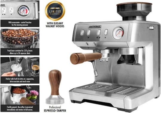 Gastroback Αυτόματη Μηχανή Espresso 1600W Πίεσης 15bar με Μύλο Άλεσης Γκρι 42625