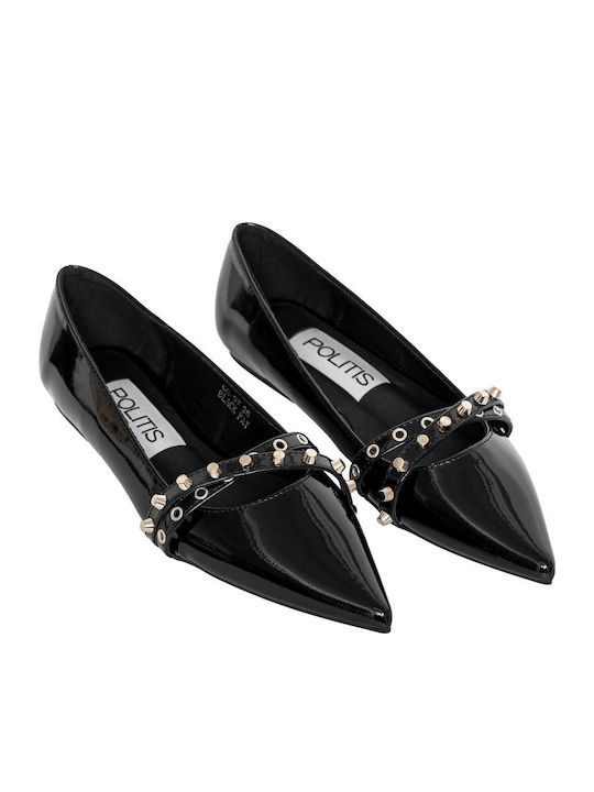 Politis shoes Γυναικείες Μπαλαρίνες Μυτερές από Λουστρίνι σε Μαύρο Χρώμα