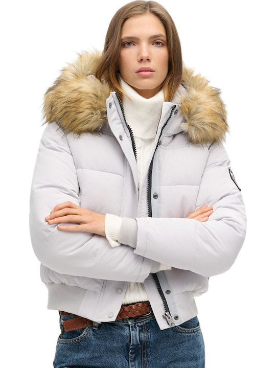 D3 Ovin Everest Women's Short Puffer Jacket for Winter with Hood Light Gray