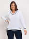 Women's Long Sleeve Sweater Cotton with V Neckline White