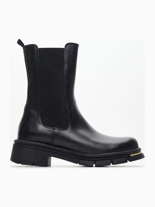 Leather Women's Chelsea Boots with Medium Heel Black