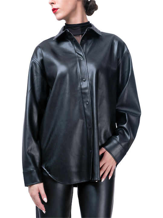 Langärmelig Damen Leder Hemd Schwarz