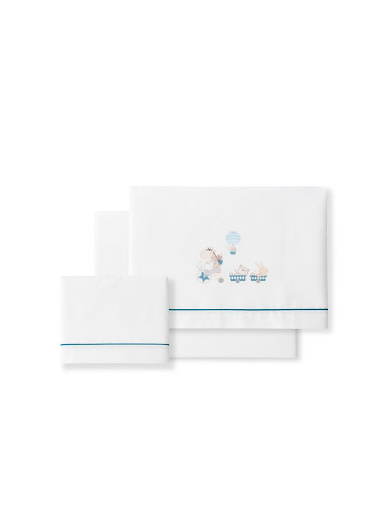 Interbaby Σετ Βρεφικά Σεντόνια Κούνιας Βαμβακερά με Λάστιχο White/petrol 115x175εκ. 3τμχ