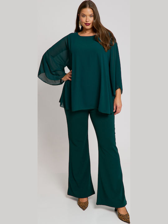 Women's Fabric Trousers Flared with Elastic Green
