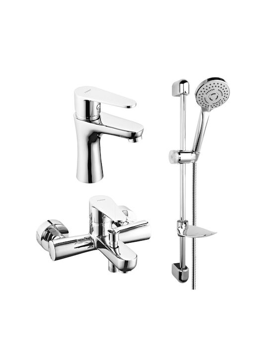 Complete Ferro Cordoba Set Basin Mixer + Bath Shower Mixer + Shower System 3 Functions Fully Chrome Plated