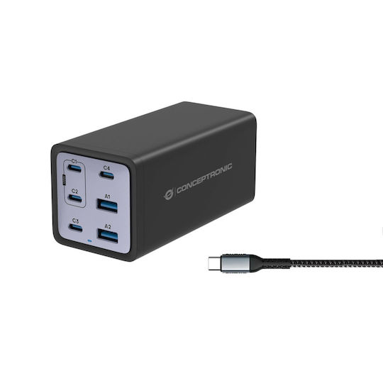 Conceptronic Charging Stand with 2 USB-A Ports and 4 USB-C Ports 200W Power Delivery in Black color (OZUL06BE)