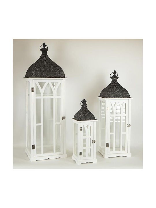 Wooden Lanterns White with Black Metal Roof Set of 3 pcs L:31.5x31.5x97h M:24.5*24.5*72h S:17*17*49.5cm 12826 752-10015