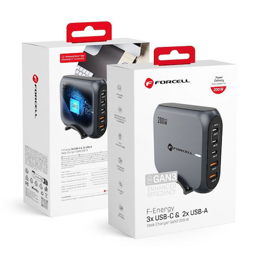 Forcell Φορτιστής Χωρίς Καλώδιο GaN με 2 Θύρες USB-A και 3 Θύρες USB-C 200W Power Delivery / Quick Charge 4.0 Γκρι (VT-51)