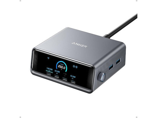 Anker Βάση Φόρτισης GaN με 2 Θύρες USB-A και 4 Θύρες USB-C 250W Power Delivery σε Γκρι χρώμα (Prime)