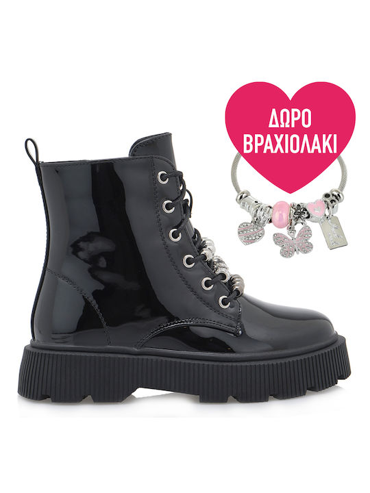 Exe Kids PU Leather Military Boots with Zipper Black